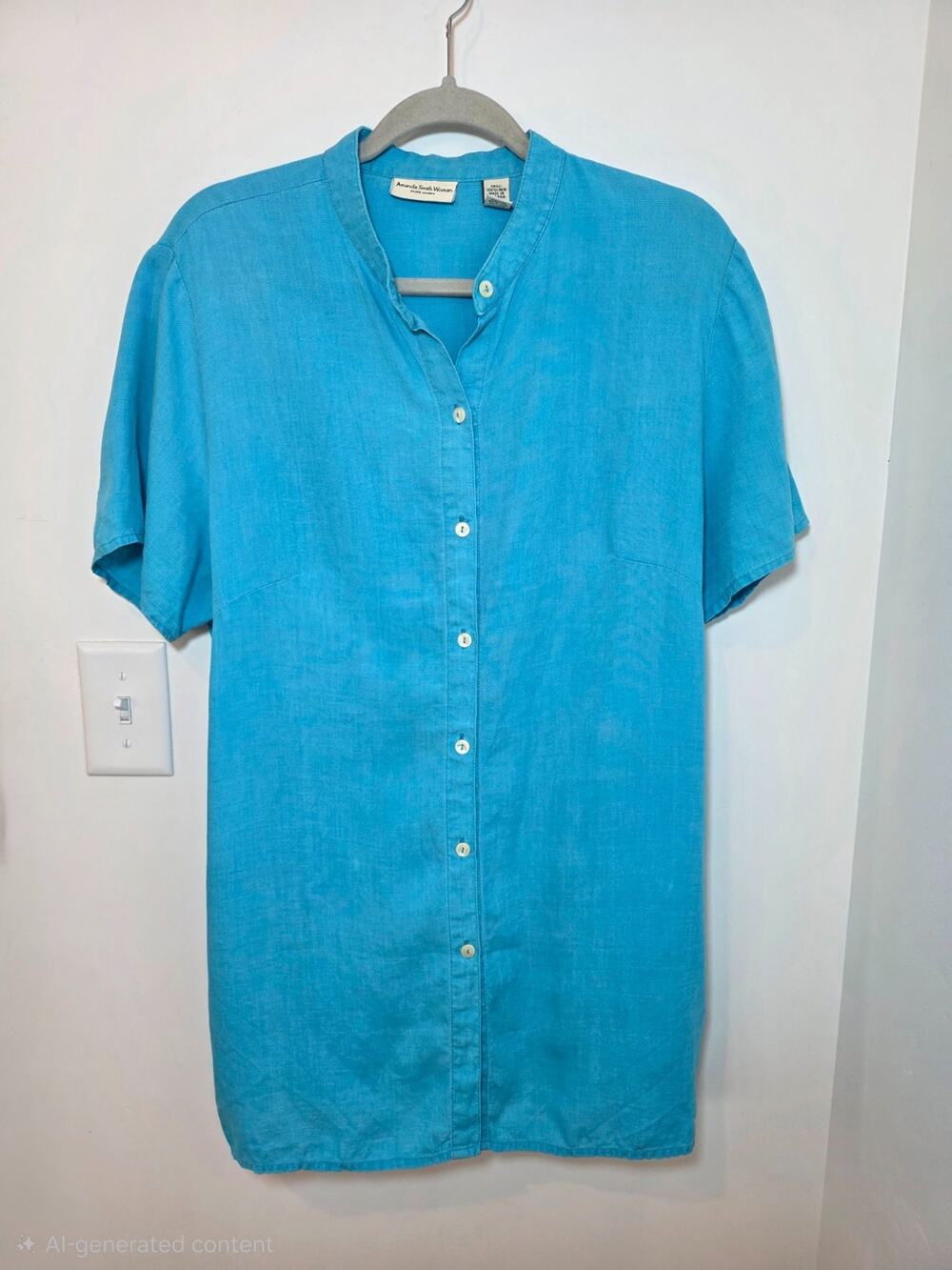 100% Linen Tunic 1X Blue Short Sleeve Button Down Resort Plus